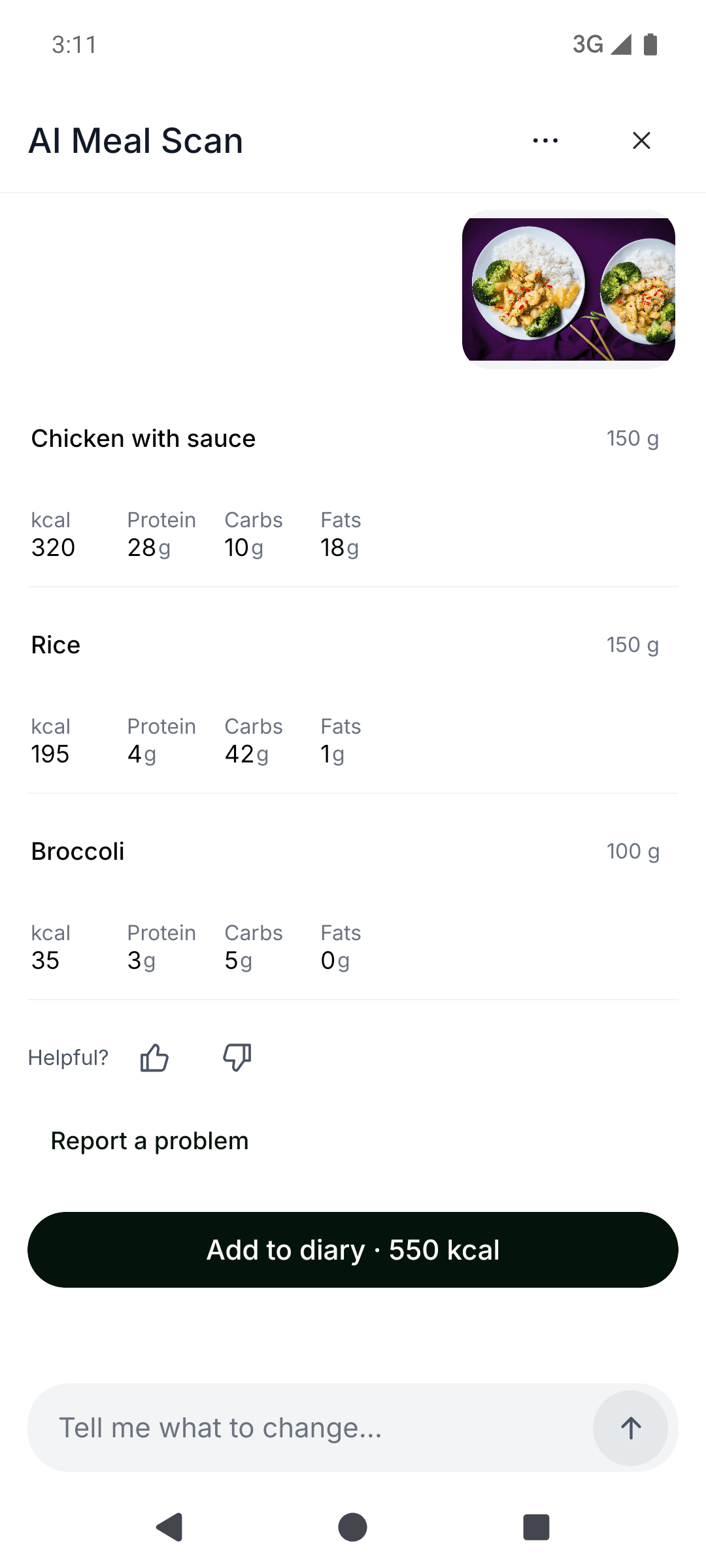 Haps Android AI meal review with fictional foods, editable portions and an Add to diary action.