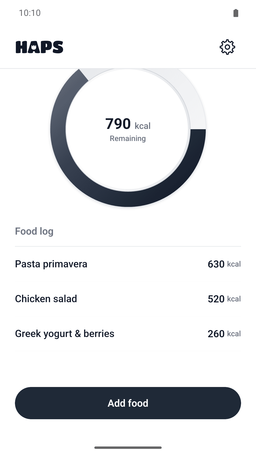 Haps mobile app showing calories remaining and three synthetic food entries